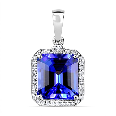 950 Platinum AAAA Tanzanite White Diamond EF, VS Halo Pendant