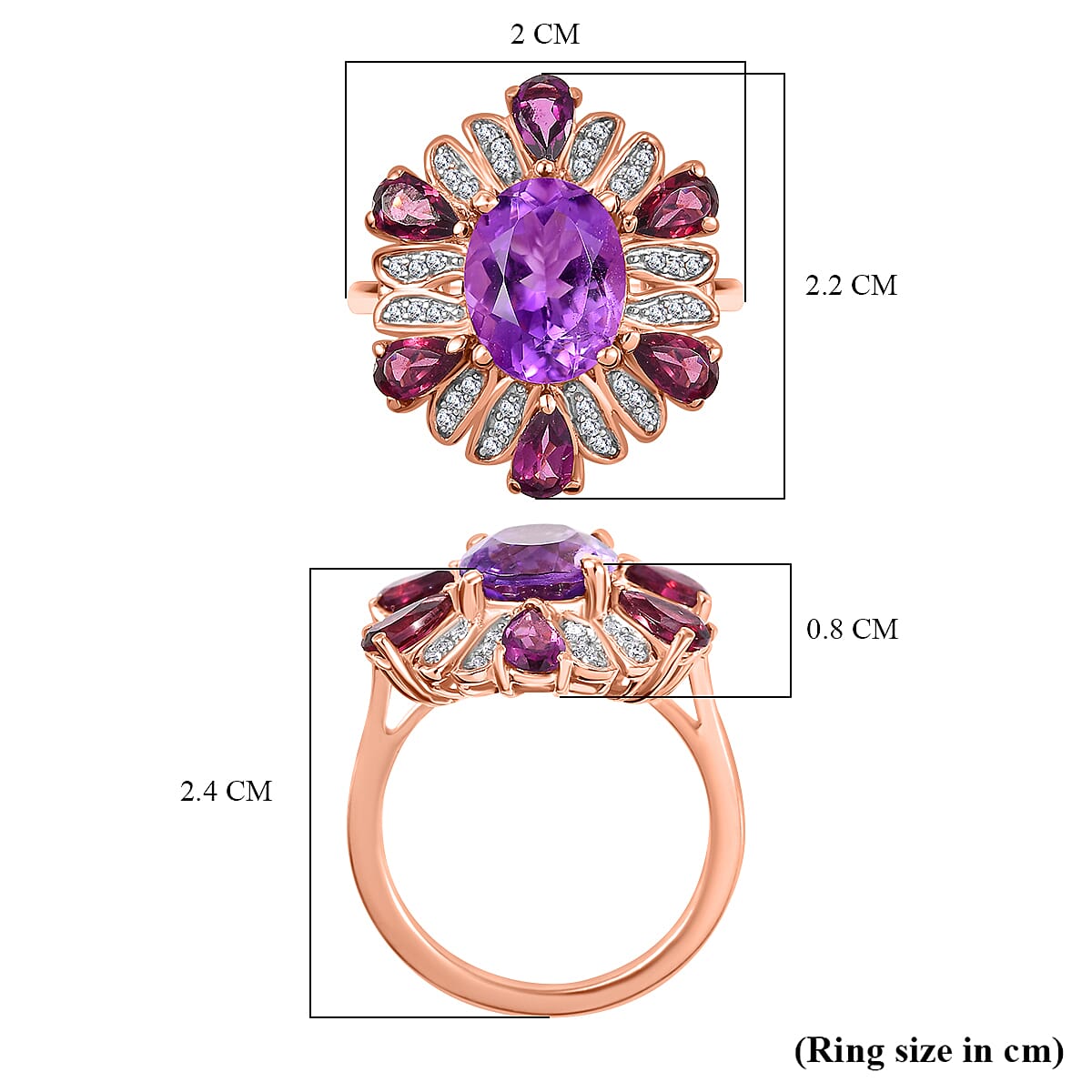 Morocco Amethyst & Multi Gemstone Ring in 18K Vermeil Rose Gold Plated 4.35 Ct.