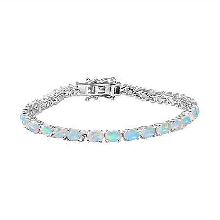 Natural Ethiopian Opal Tennis Bracelet (Size - 7) in Rhodium Overlay Sterling Silver