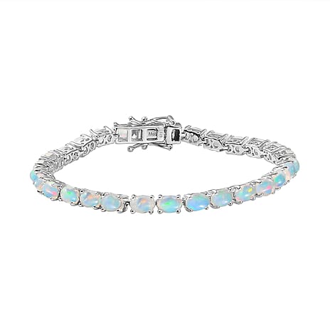 Natural Ethiopian Opal Tennis Bracelet (Size - 7.5) with GB Lock Box in Rhodium Overlay Sterling Silver 9.00 Ct