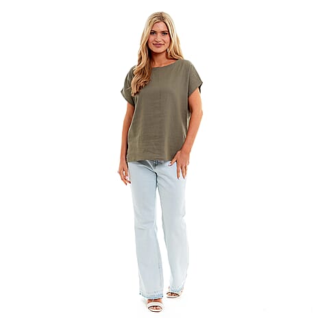 Charlotte West Ladies Linen Boat Neck Top (Size 12) - Khaki