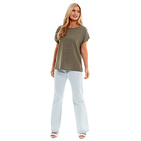 Charlotte West Ladies Linen Boat Neck Top (Size 12) - Khaki