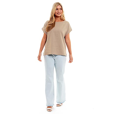 Charlotte West Ladies Linen Boat Neck Top (Size 14) - Stone