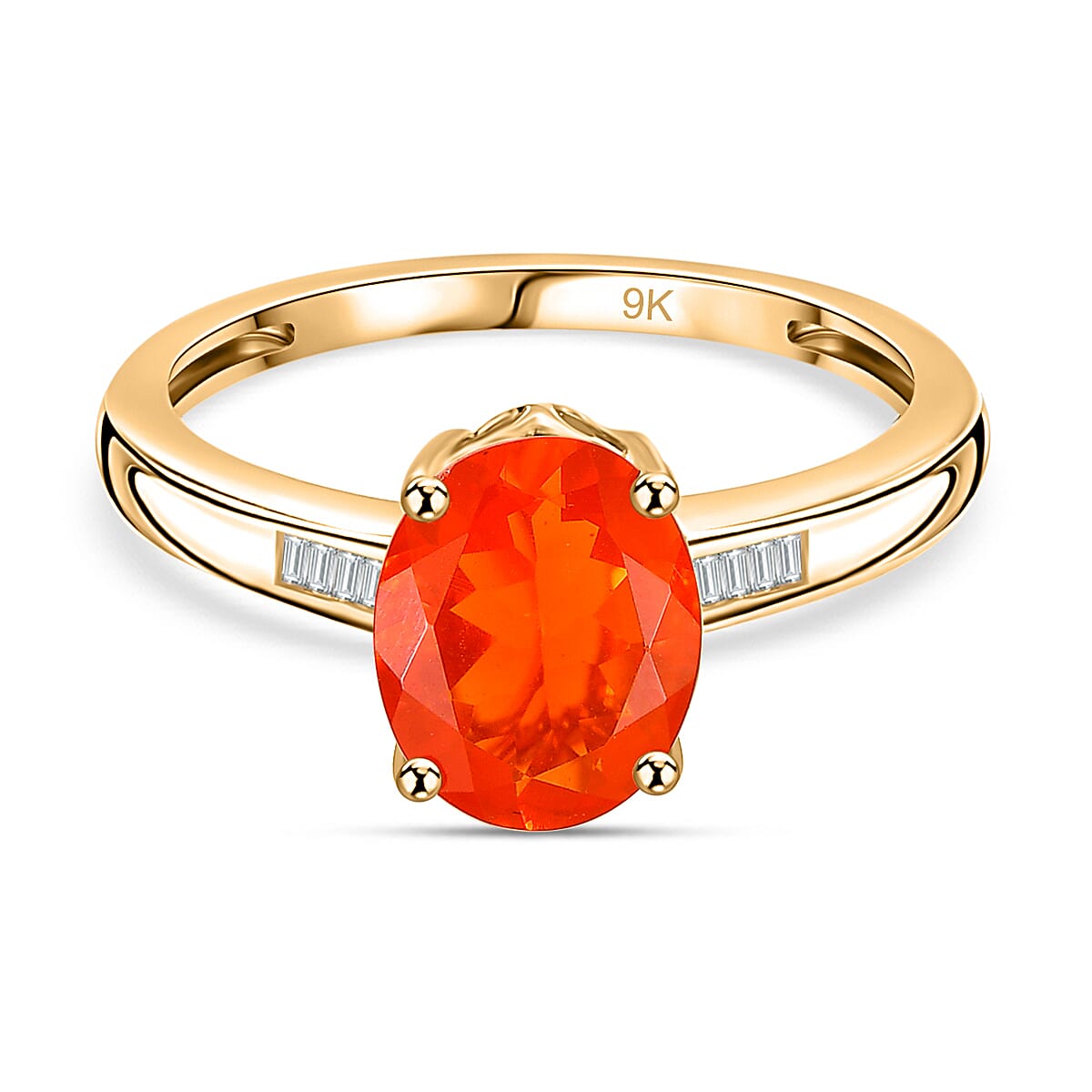 9K Yellow Gold AAAA Fire Opal & Natural Diamond Solitaire Diamond Ring 1.40 Ct.