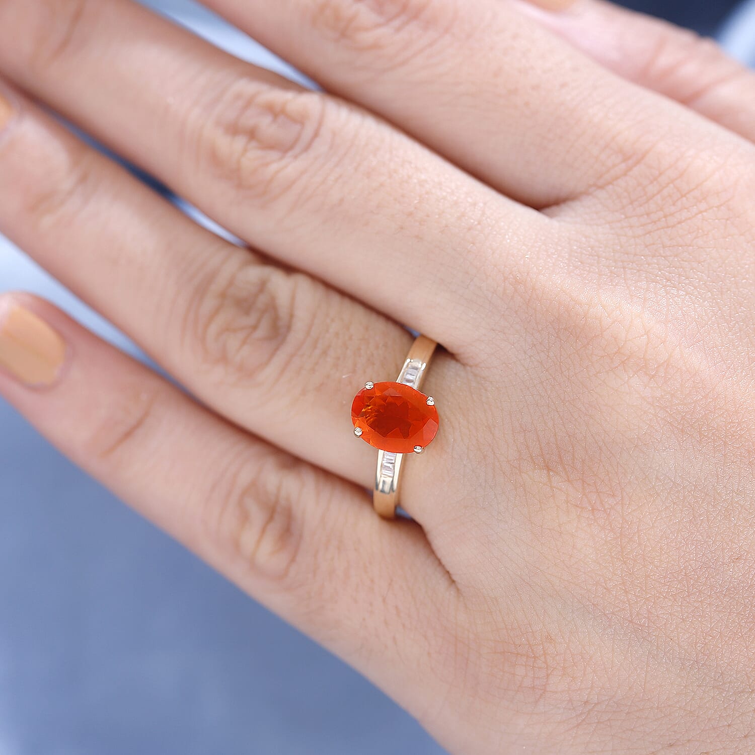 9K Yellow Gold AAAA Fire Opal & Natural Diamond Solitaire Diamond Ring 1.40 Ct.