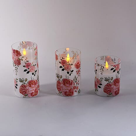 Mega bundle set of 3 - - Printed Glass LED Candle Lights (2AA Battery Excluding)- Multi Color - Pink