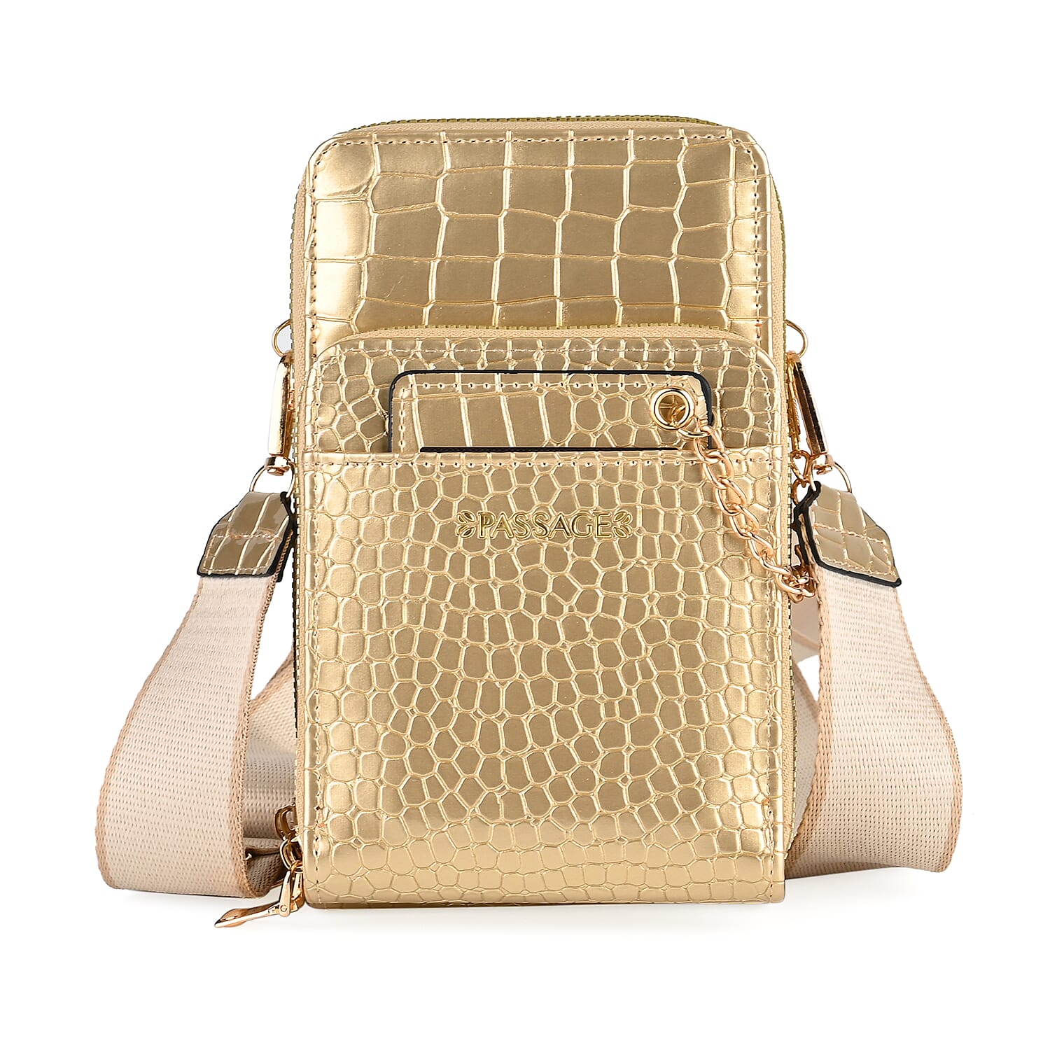 Passage Embossed Crocodile Pattern Crossbody Bag with Card Slot & Shoulder Strap - Gold