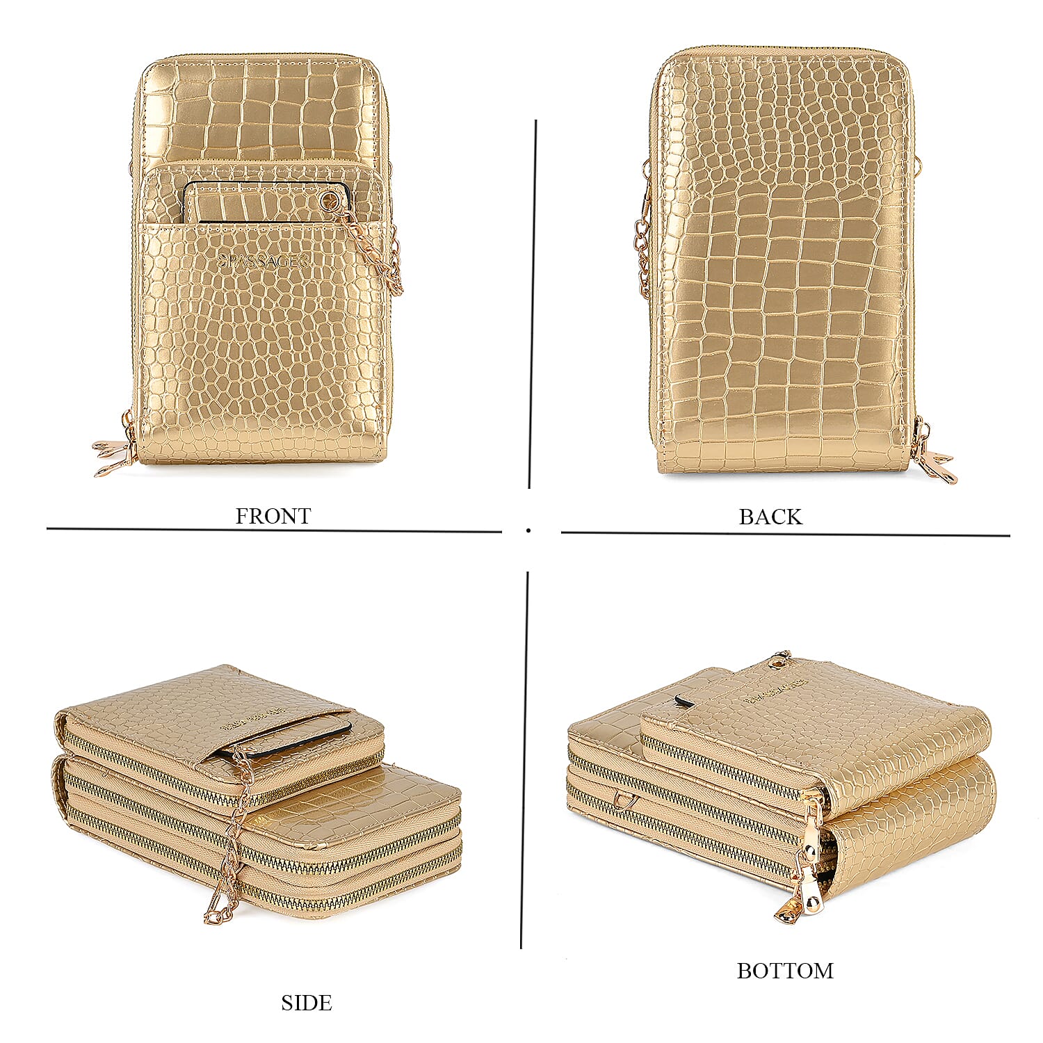 Passage Embossed Crocodile Pattern Crossbody Bag with Card Slot & Shoulder Strap - Gold