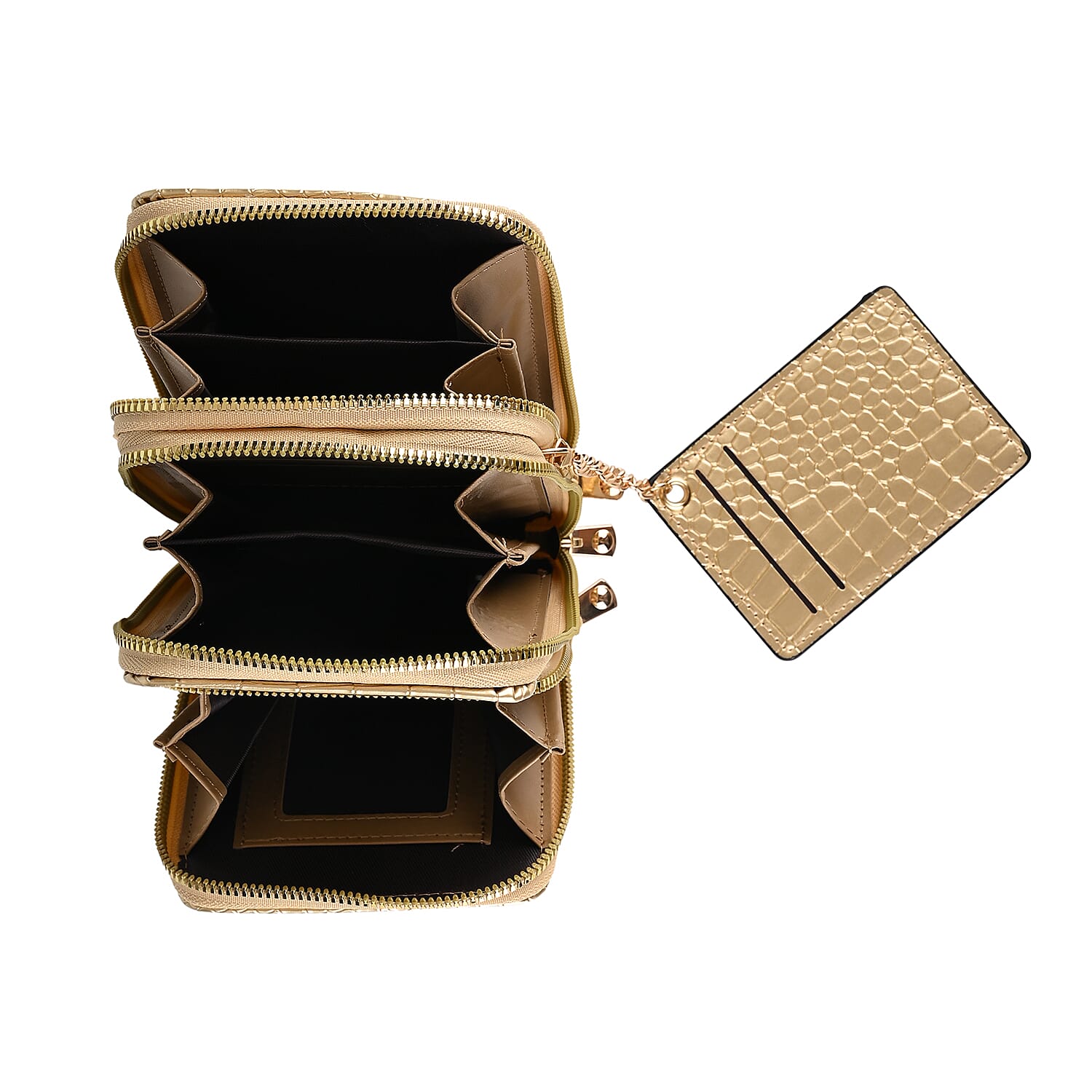 Passage Embossed Crocodile Pattern Crossbody Bag with Card Slot & Shoulder Strap - Gold