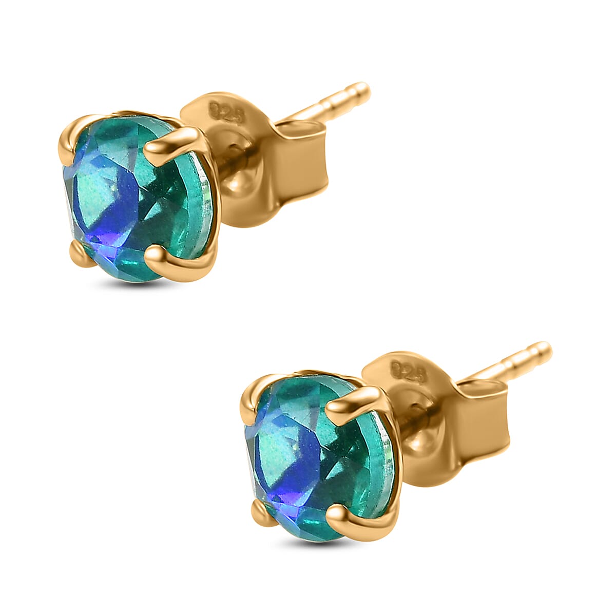Peacock Triplet Quartz  Solitaire Stud Push Post Earring in 18K Vermeil YG Overlay Sterling Silver 2.09 ct