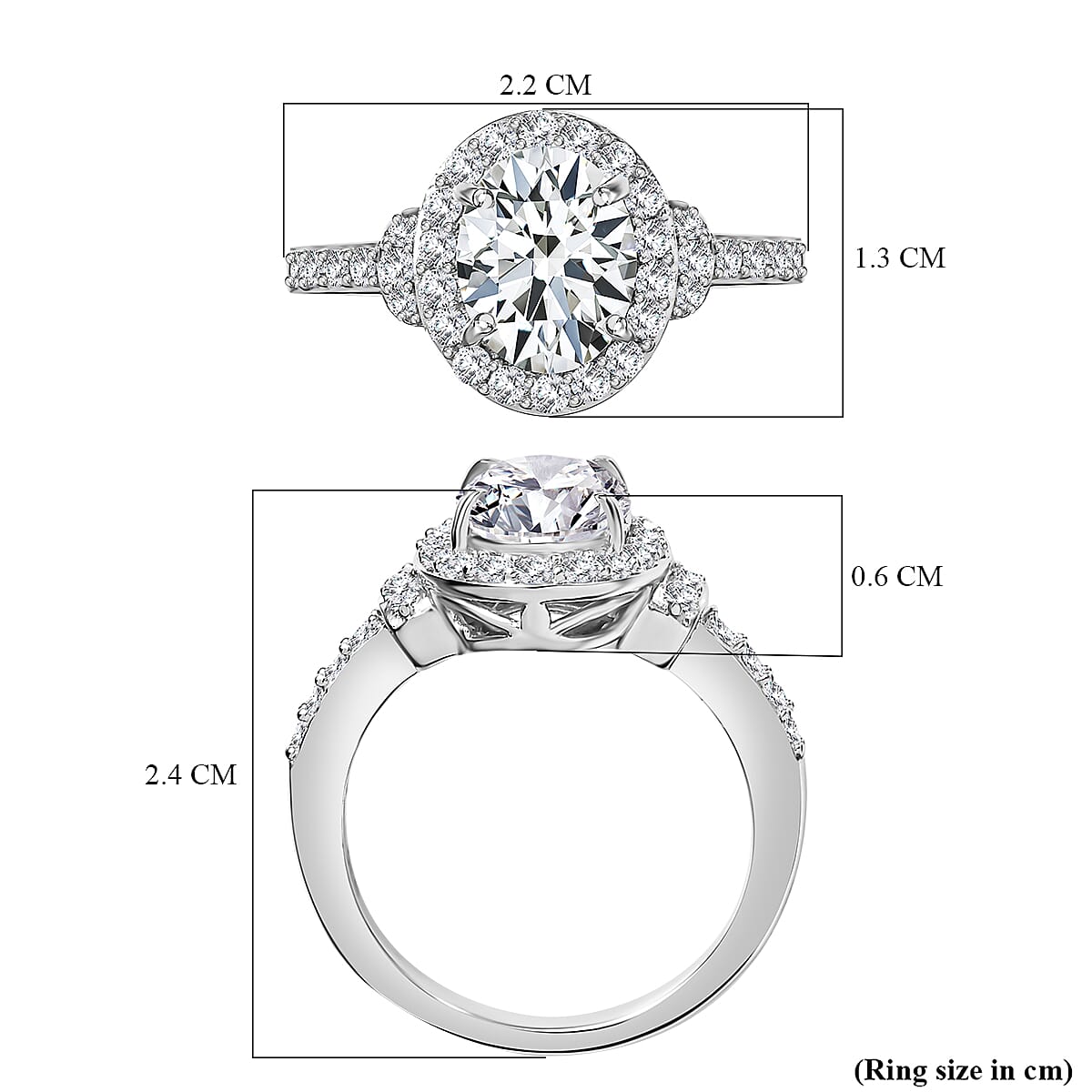 Silver Rhodium Moissanite Oval Ring Ct 2.62.