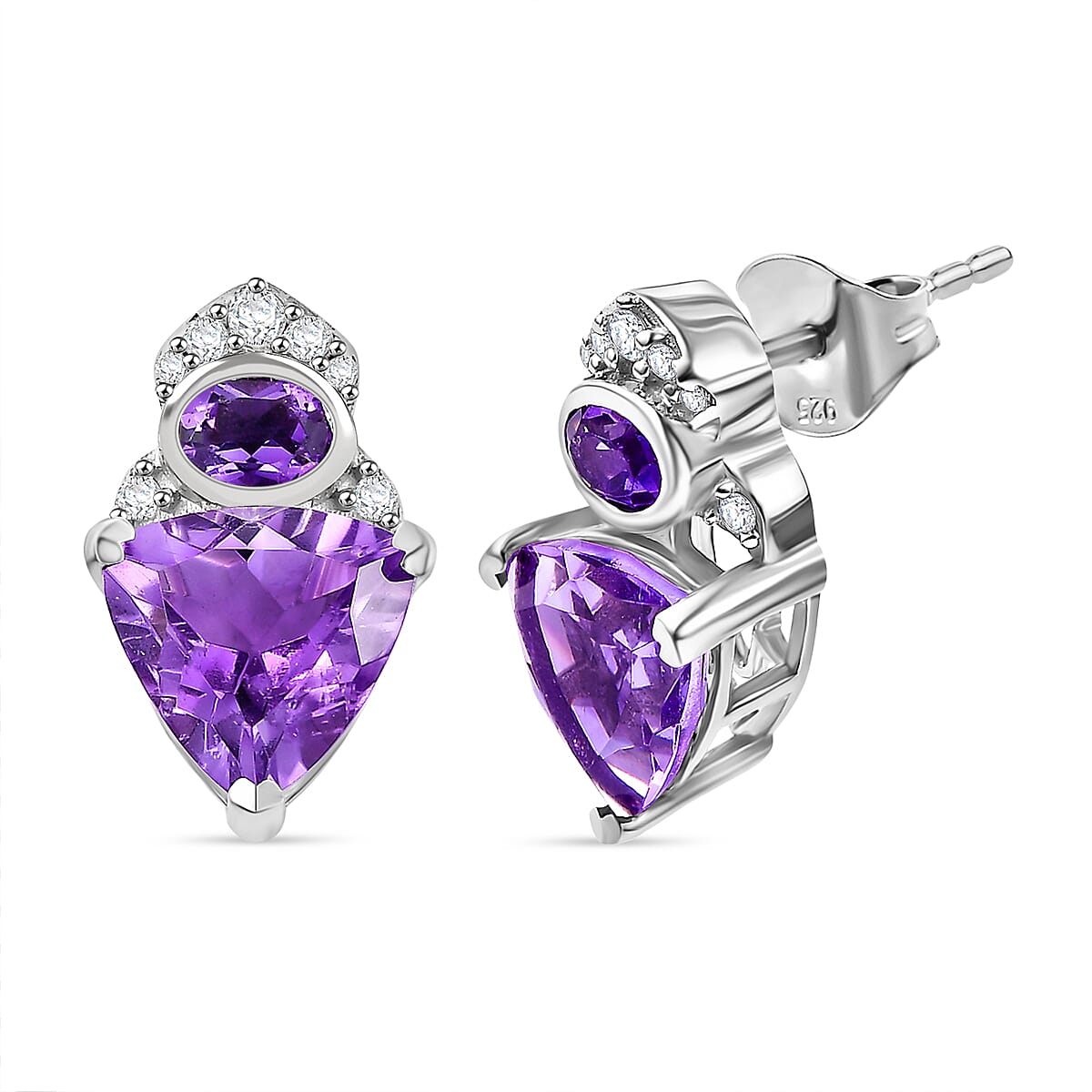 Royal Egyptian Culture Inspired Natural Rose De Morocco Amethyst ,  White Zircon Solitaire Stud Push Post Earring With Push Back in Rhodium 3.72 Ct.