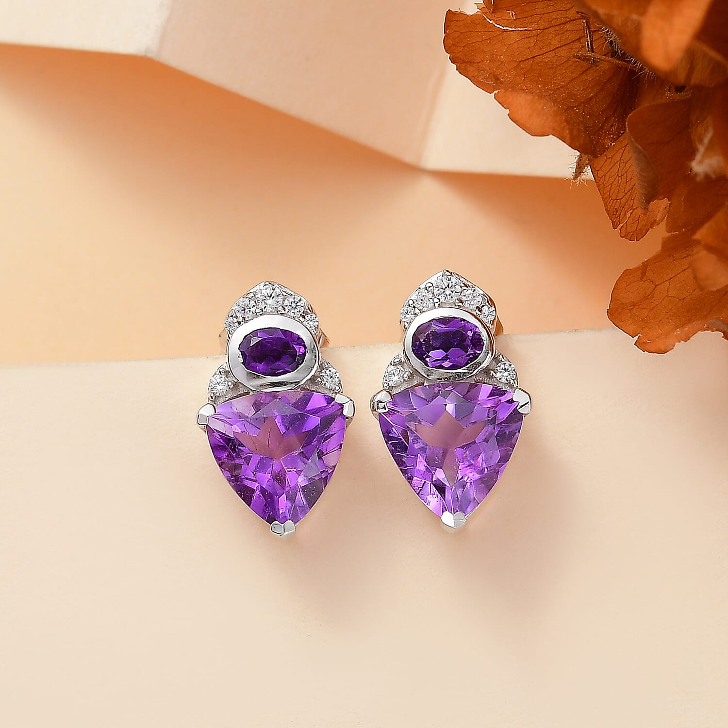 Royal Egyptian Culture Inspired Natural Rose De Morocco Amethyst ,  White Zircon Solitaire Stud Push Post Earring With Push Back in Rhodium 3.72 Ct.