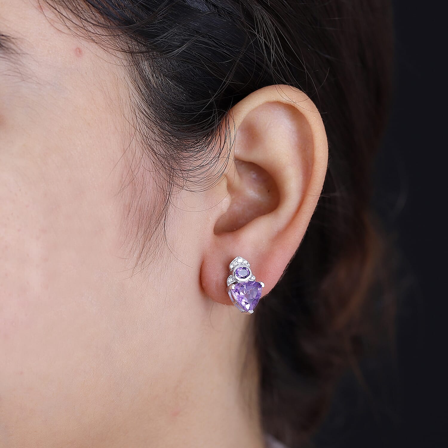 Royal Egyptian Culture Inspired Natural Rose De Morocco Amethyst ,  White Zircon Solitaire Stud Push Post Earring With Push Back in Rhodium 3.72 Ct.