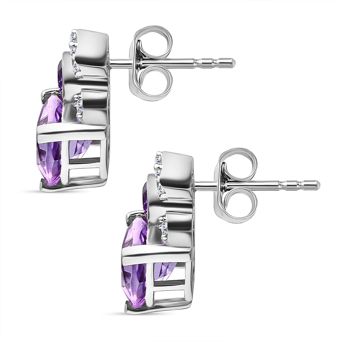 Royal Egyptian Culture Inspired Natural Rose De Morocco Amethyst ,  White Zircon Solitaire Stud Push Post Earring With Push Back in Rhodium 3.72 Ct.