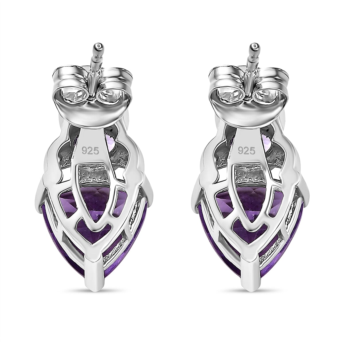Royal Egyptian Culture Inspired Natural Rose De Morocco Amethyst ,  White Zircon Solitaire Stud Push Post Earring With Push Back in Rhodium 3.72 Ct.