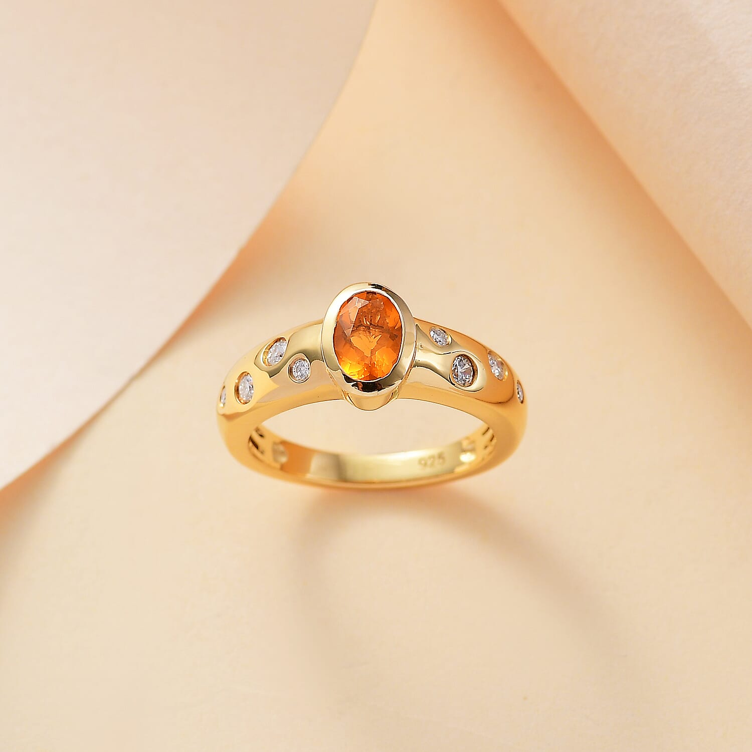 18K Vermeil Yellow Gold Plated Side stone Moissanite Fire Opal Ring Ct.0.71
