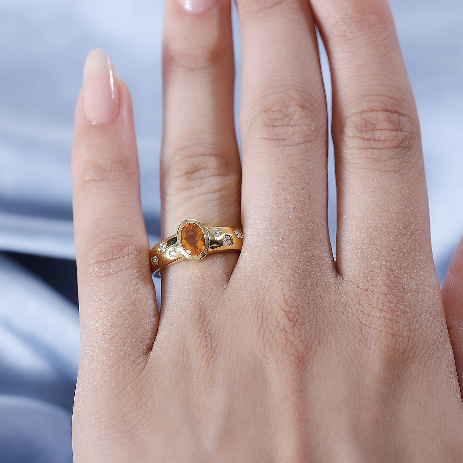 18K Vermeil Yellow Gold Plated Side stone Moissanite Fire Opal Ring Ct.0.71