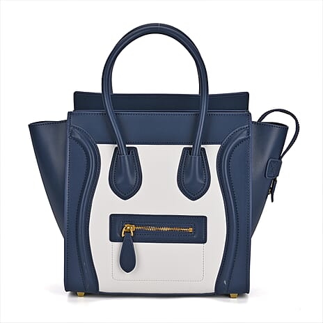 Genuine Leather Crossbody Bag with Handle Drop - Navy - White