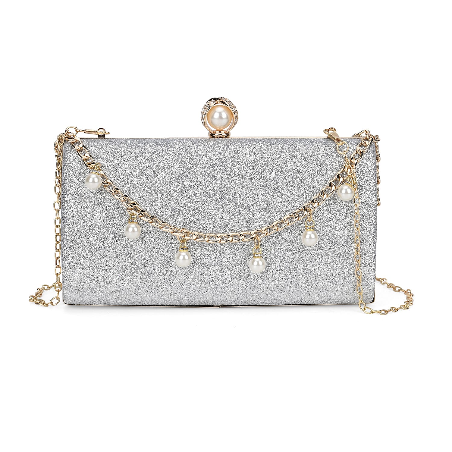 Sequin Clutch Bag with Necklace & Bracelet (Size 22x12x4 cm) - Silver