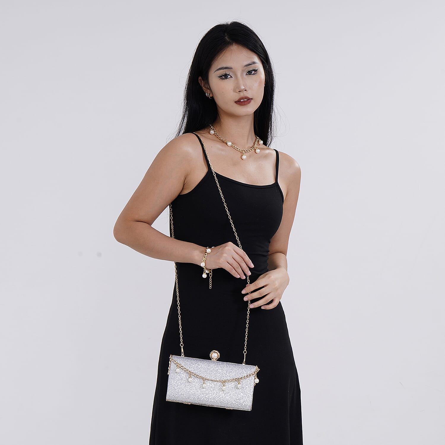 Sequin Clutch Bag with Necklace & Bracelet (Size 22x12x4 cm) - Silver