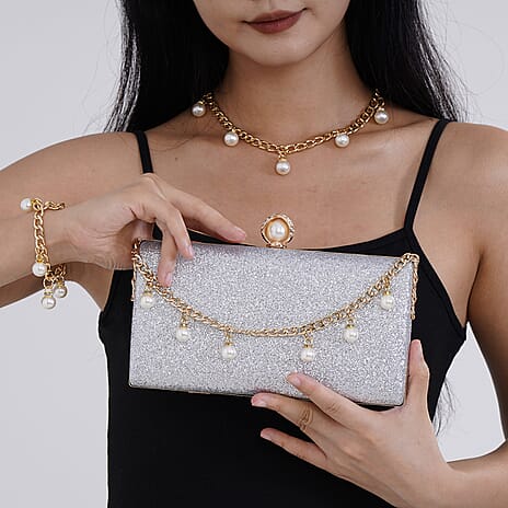 Clutch Bag with Necklace - Bracelet - Silver