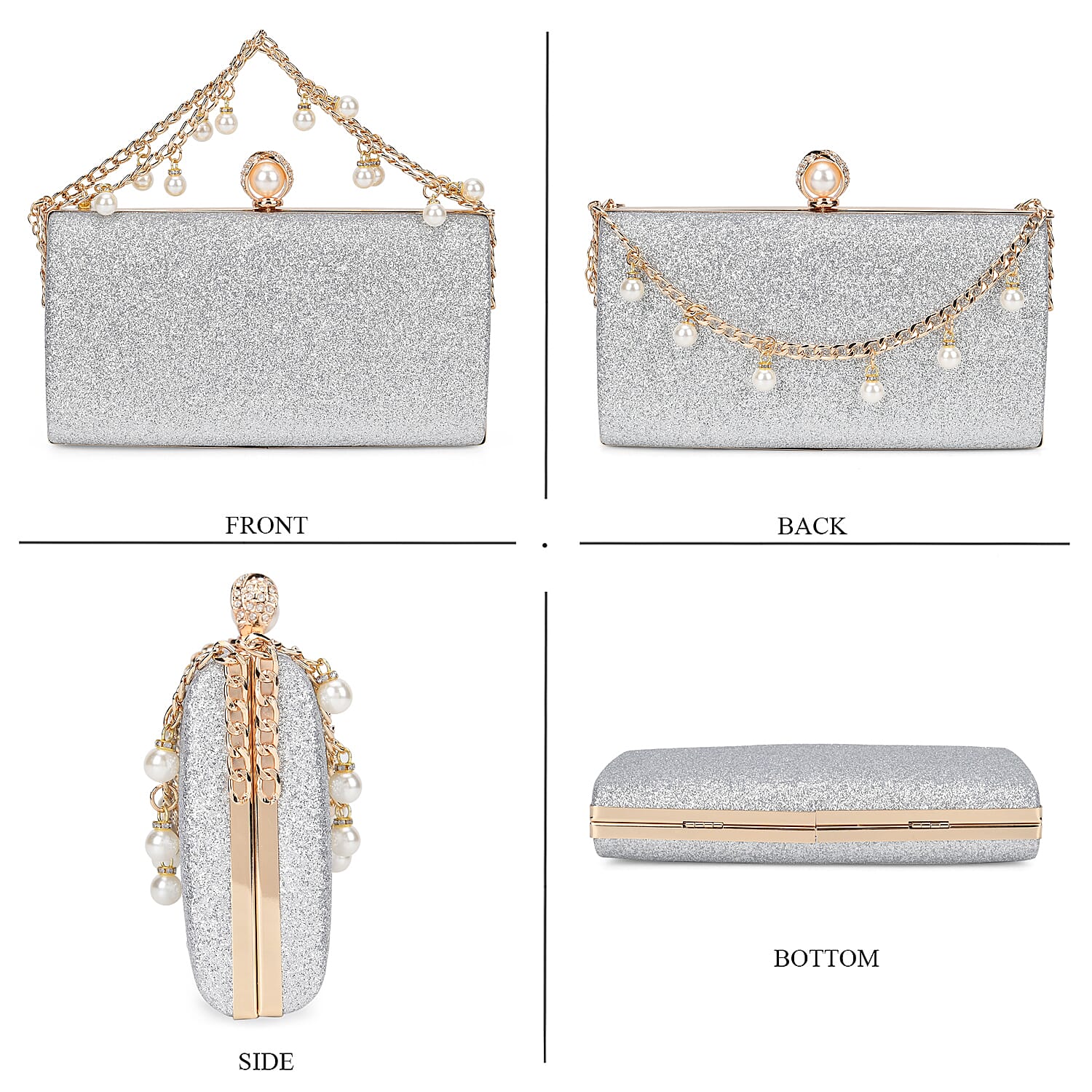 Sequin Clutch Bag with Necklace & Bracelet (Size 22x12x4 cm) - Silver