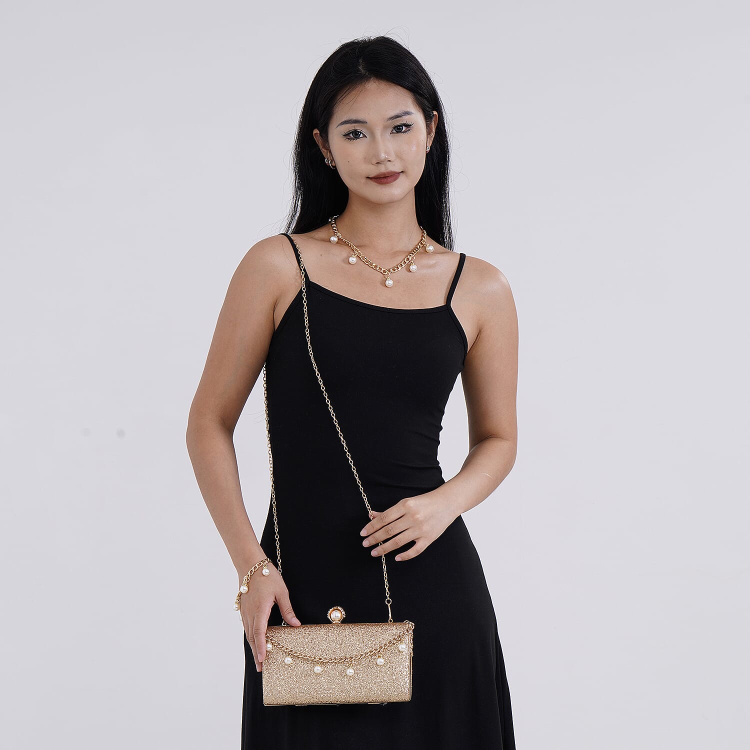 Leatherette Clutch Bag with Necklace & Bracelet (Size 22x12x4 cm) - Gold