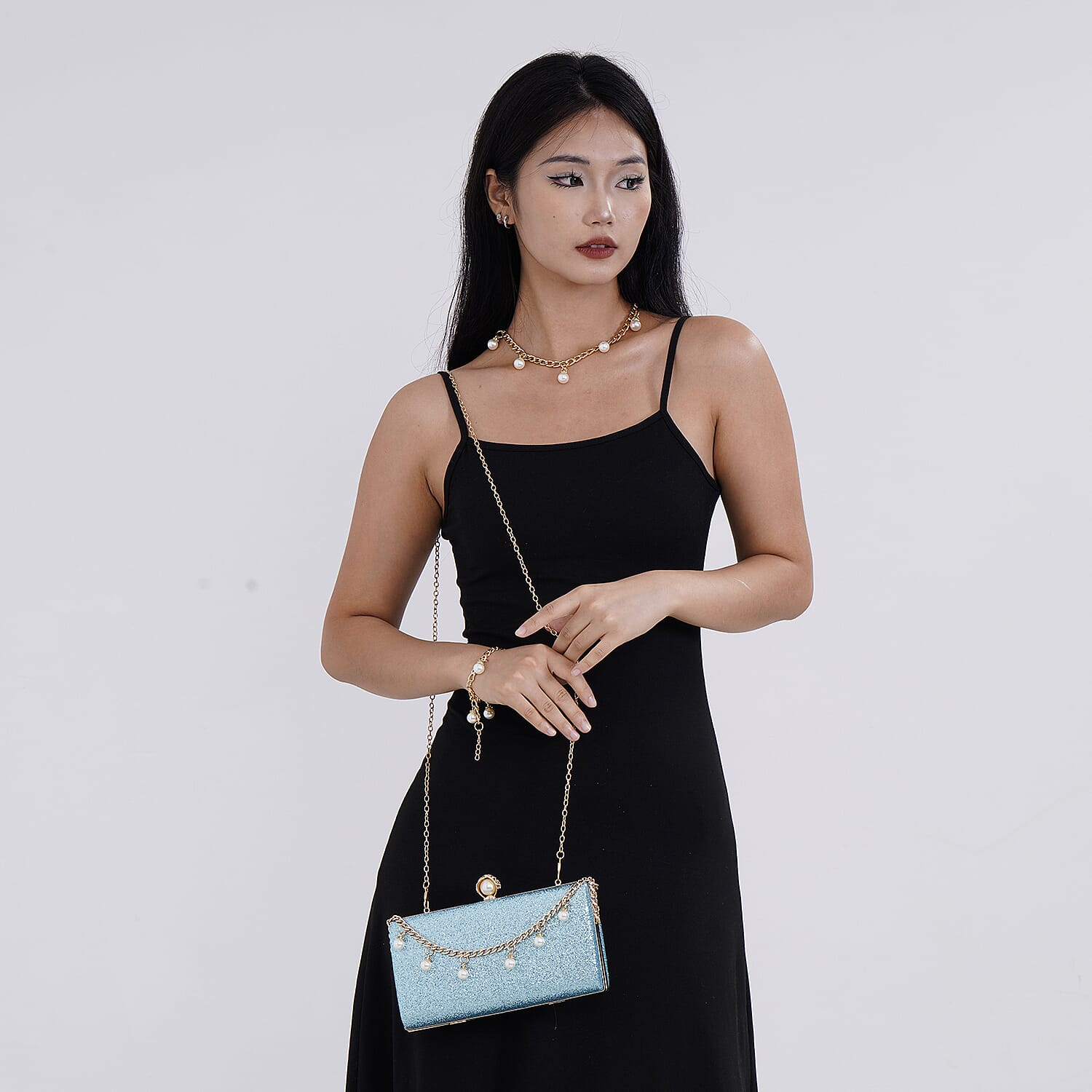 Leatherette Clutch Bag with Necklace & Bracelet (Size 22x12x4 cm) - Sky Blue