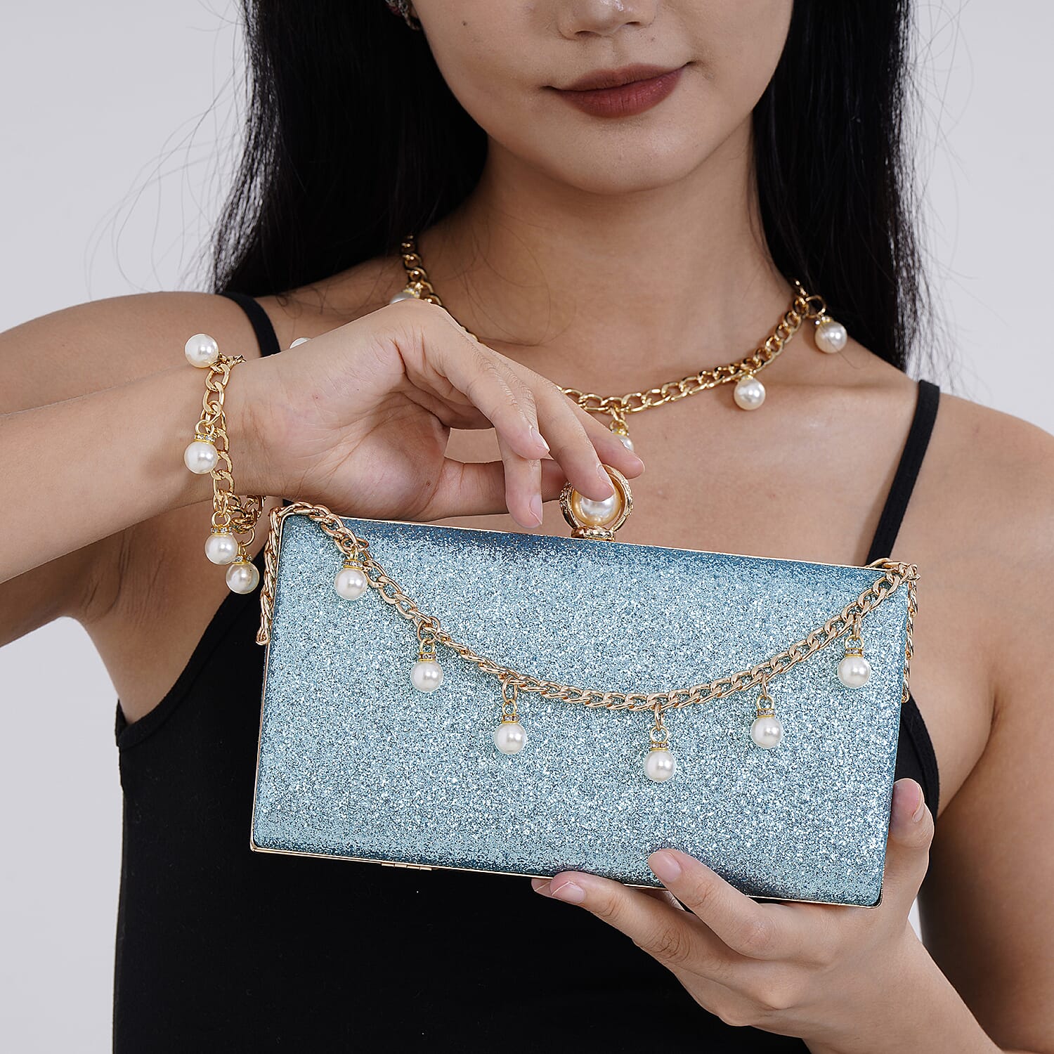 Leatherette Clutch Bag with Necklace & Bracelet (Size 22x12x4 cm) - Sky Blue