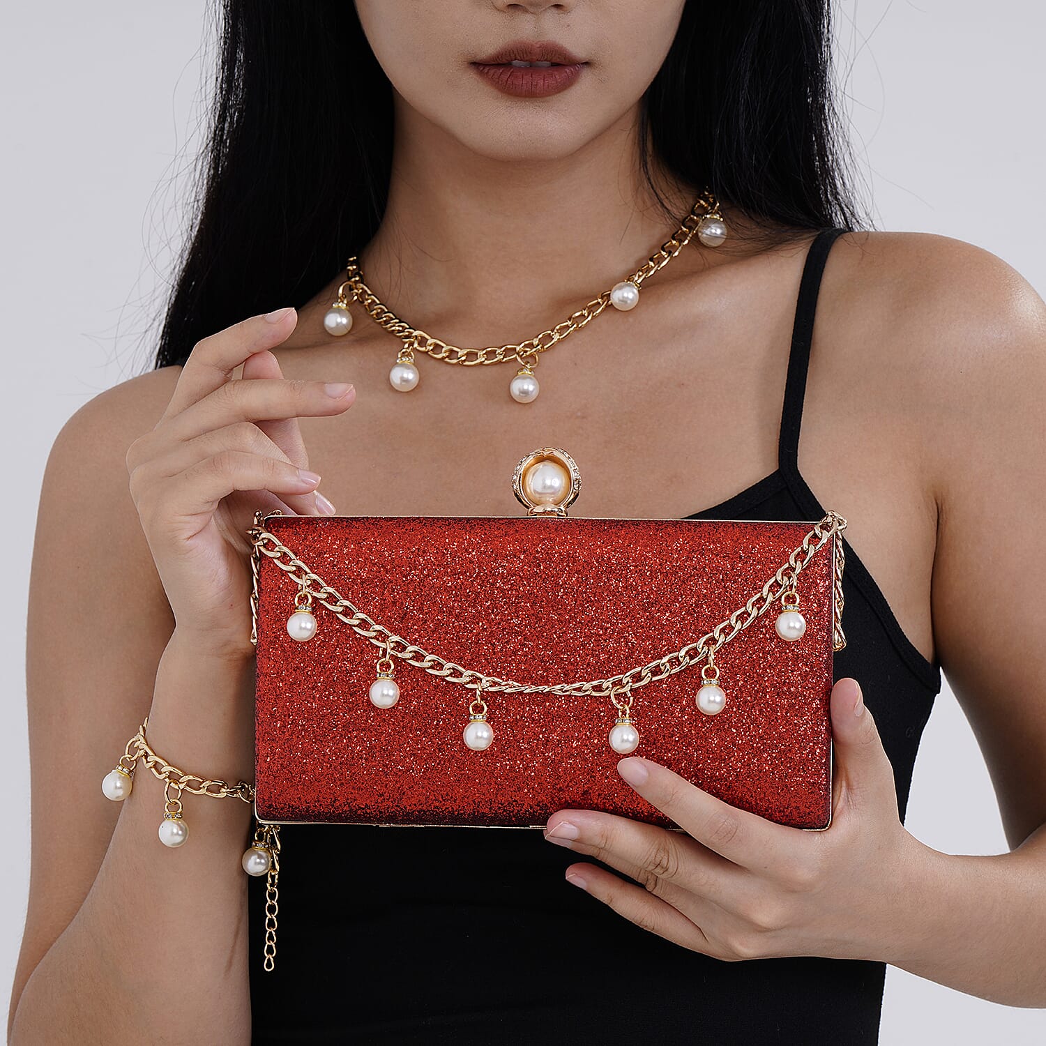 Leatherette Clutch Bag with Necklace & Bracelet (Size 22x12x4 cm) - Red