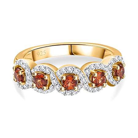 Nigerian Natural Spessartine Garnet, White Zircon Band Ring in 18K Vermeil Yellow Gold Plated Sterling Silver 1.03 Ct.