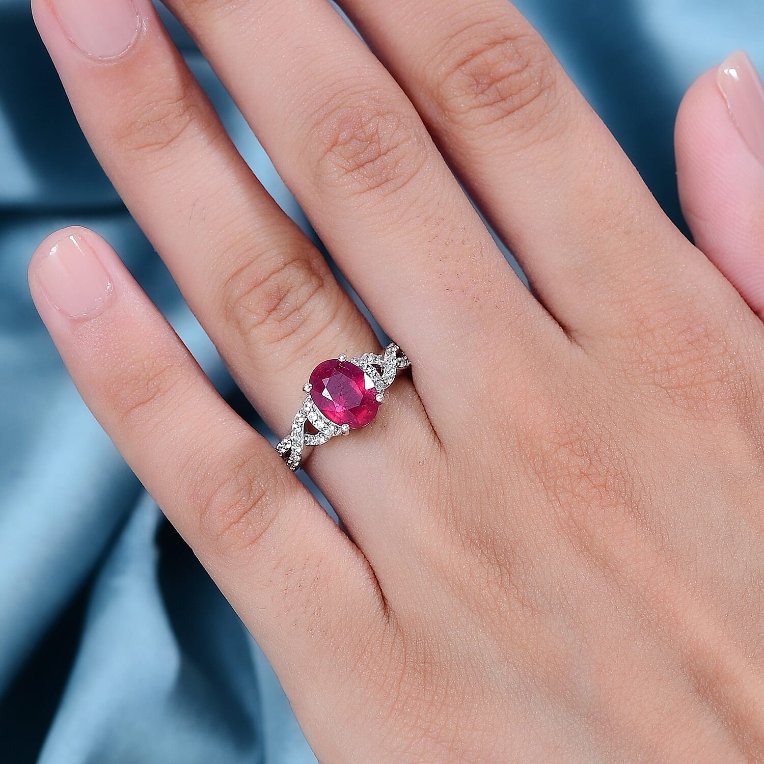 African Ruby, White Zircon Ring in Rhodium Overlay Sterling Silver 3.25 ...