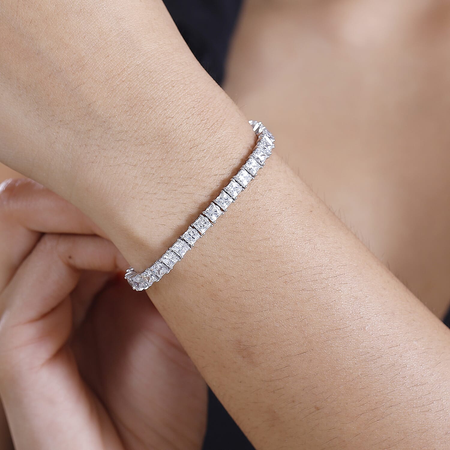 J Francis - Swarovski Zirconia Cluster Bracelet (Size - 7) in Rhodium Overlay Sterling Silver 24.51 Ct.