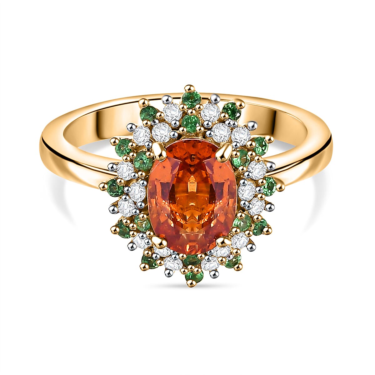 Spessartine Garnet ,Tsavorite Garnet, Moissanite Main Stone With Side Stone Ring in 18K Vermeil Yellow Gold Plated Ct 2.08.