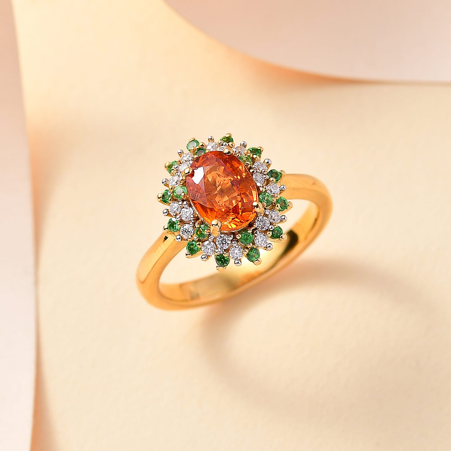Spessartine Garnet ,Tsavorite Garnet, Moissanite Main Stone With Side Stone Ring in 18K Vermeil Yellow Gold Plated Ct 2.08.