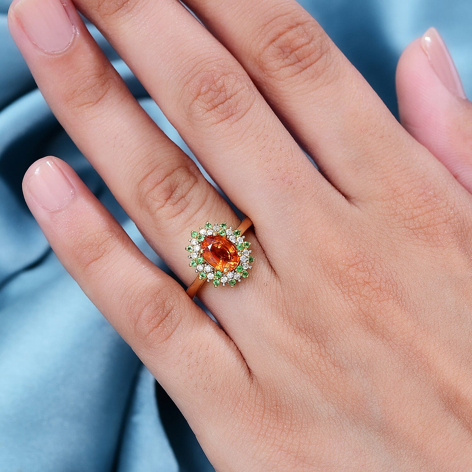 Spessartine Garnet ,Tsavorite Garnet, Moissanite Main Stone With Side Stone Ring in 18K Vermeil Yellow Gold Plated Ct 2.08.