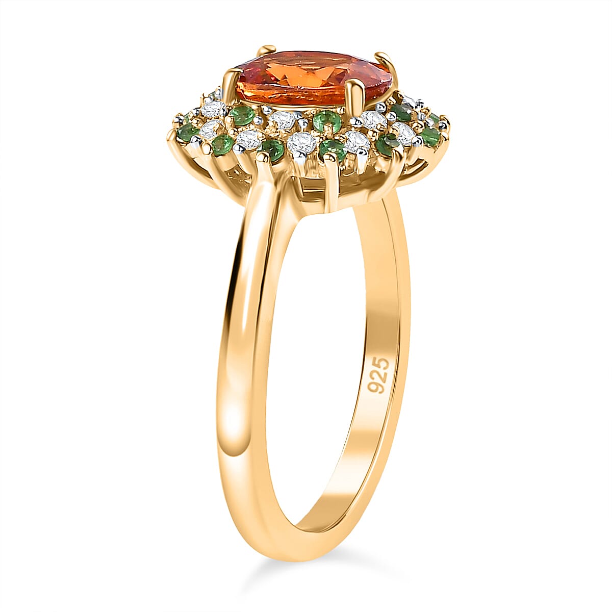 Spessartine Garnet ,Tsavorite Garnet, Moissanite Main Stone With Side Stone Ring in 18K Vermeil Yellow Gold Plated Ct 2.08.