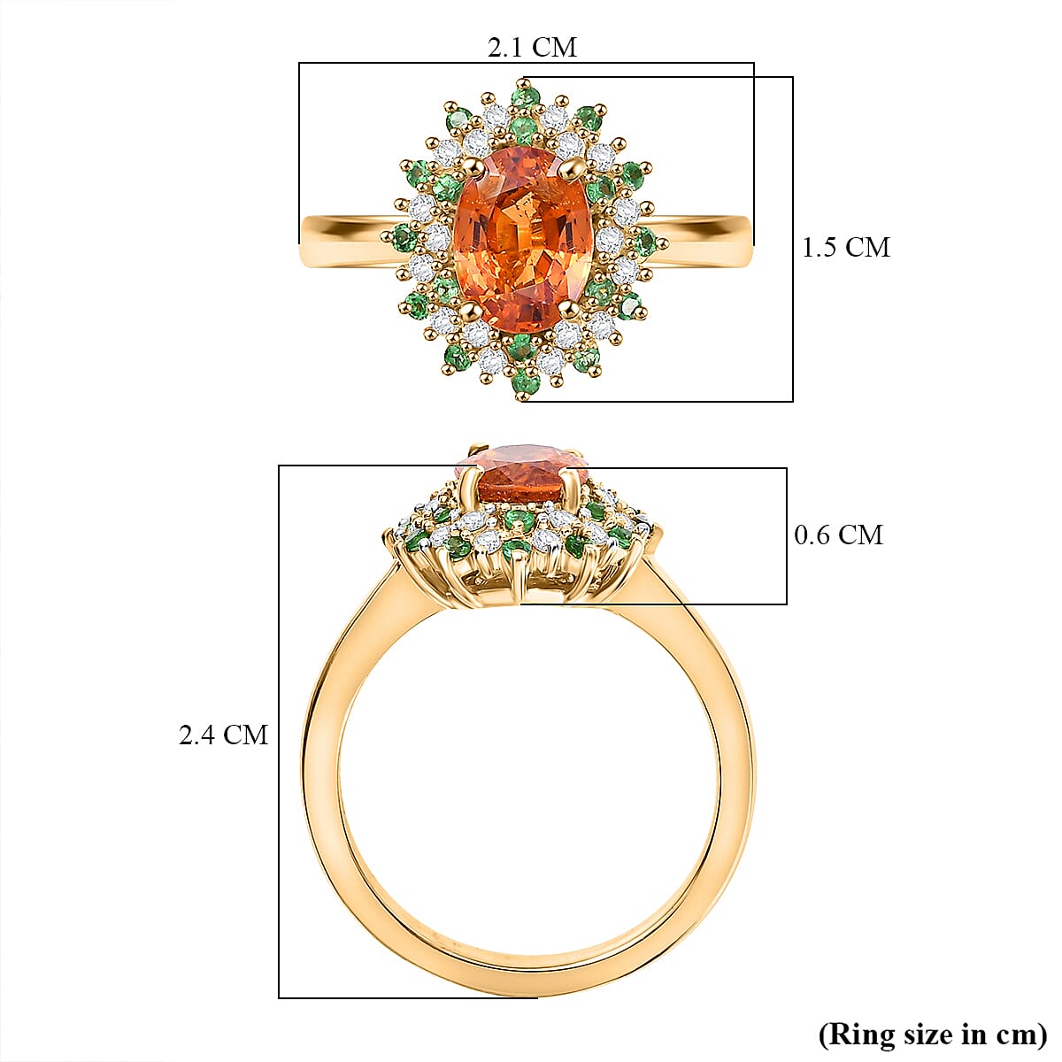 Spessartine Garnet ,Tsavorite Garnet, Moissanite Main Stone With Side Stone Ring in 18K Vermeil Yellow Gold Plated Ct 2.08.