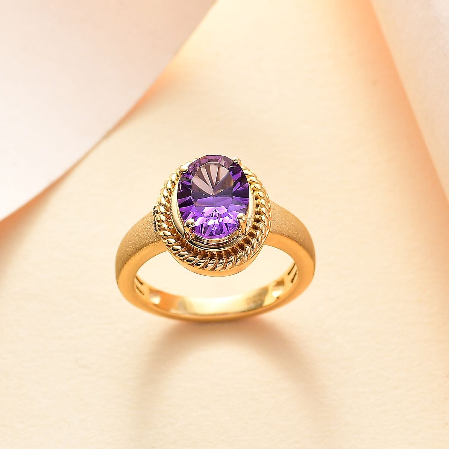 Concave Cut Zambian Amethyst Solitaire Ring in 18K YG Vermeil Sterling Silver. 1.887 Ct.