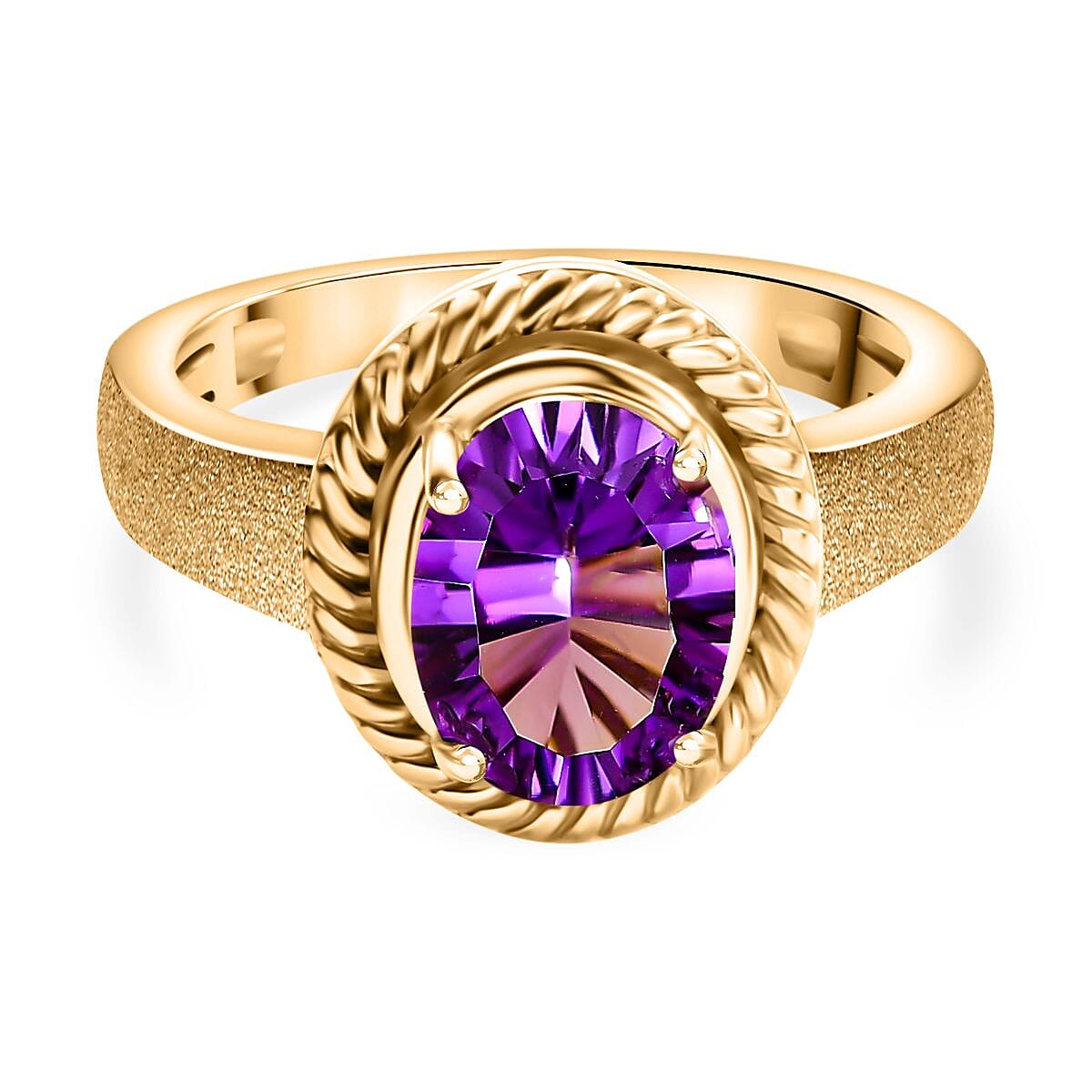 Concave Cut Zambian Amethyst Solitaire Ring in 18K YG Vermeil Sterling Silver. 1.887 Ct.