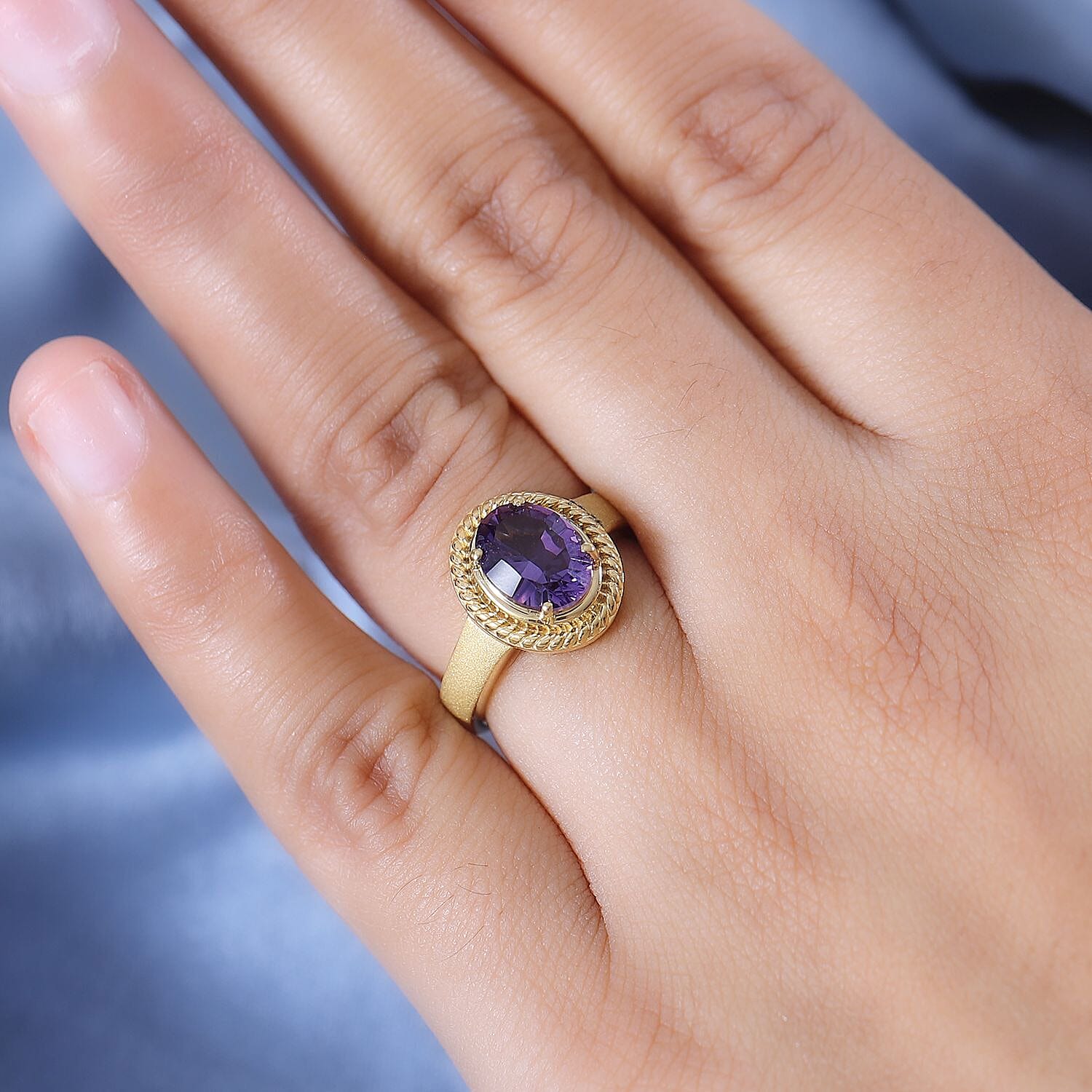 Concave Cut Zambian Amethyst Solitaire Ring in 18K YG Vermeil Sterling Silver. 1.887 Ct.