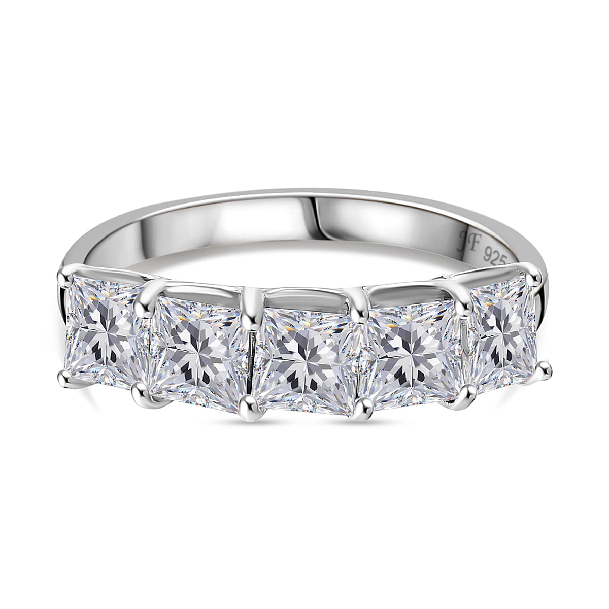 J Francis - Swarovski Zirconia 5 Stone Ring in Rhodium Overlay Sterling Silver 3.26 Ct.