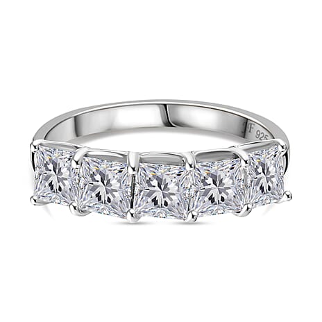 J Francis - Swarovski Zirconia 5 Stone Ring in Rhodium Overlay Sterling Silver 3.26 Ct.