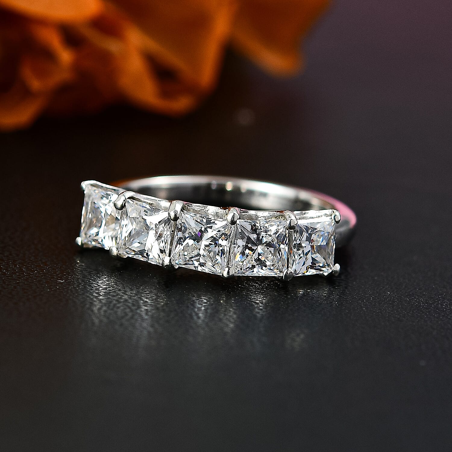 J Francis - Swarovski Zirconia 5 Stone Ring in Rhodium Overlay Sterling Silver 3.26 Ct.