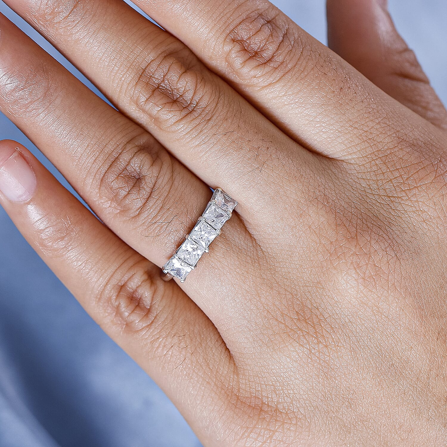 J Francis - Swarovski Zirconia 5 Stone Ring in Rhodium Overlay Sterling Silver 3.26 Ct.