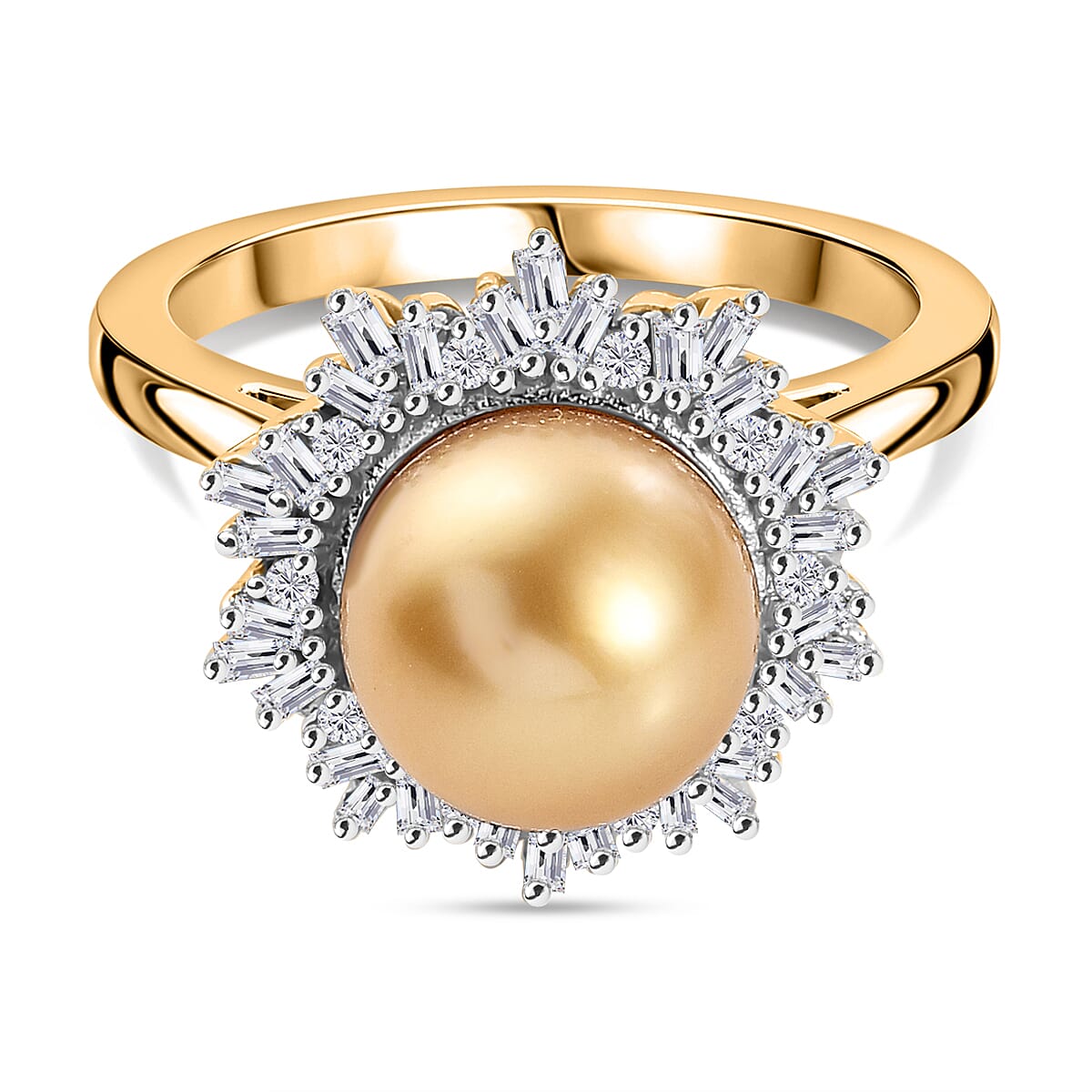 Golden South Sea Pearl, White Diamond Solitaire Ring in 18K Vermeil Yellow Gold Plated Ct 6.83.