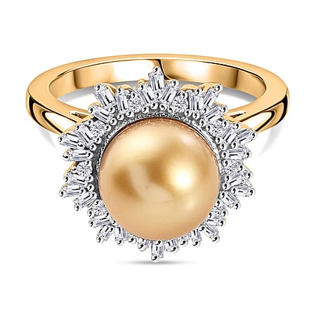 Golden South Sea Pearl, White Diamond Solitaire Ring in 18K Vermeil Yellow Gold Plated Sterling Silver 6.83 Ct.