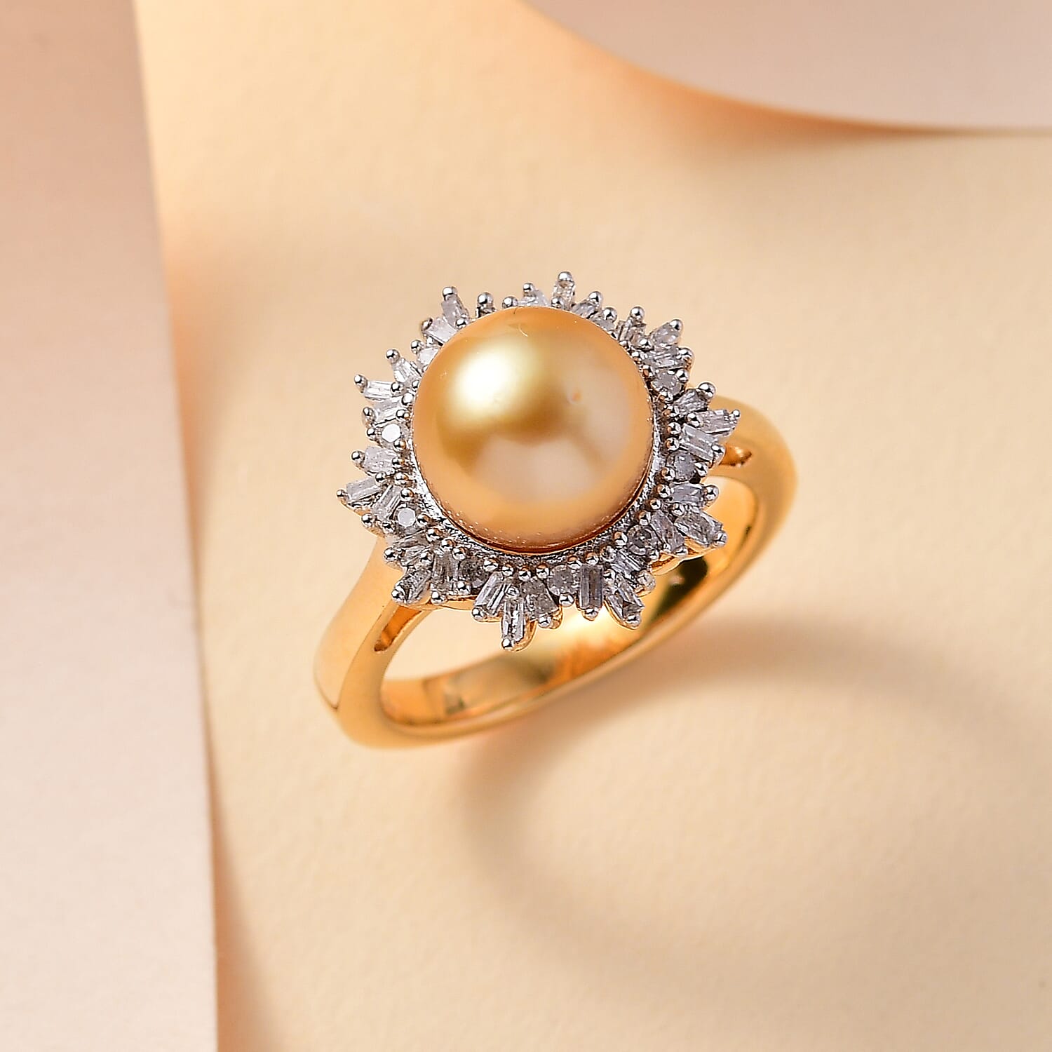Golden South Sea Pearl, White Diamond Solitaire Ring in 18K Vermeil Yellow Gold Plated Ct 6.83.
