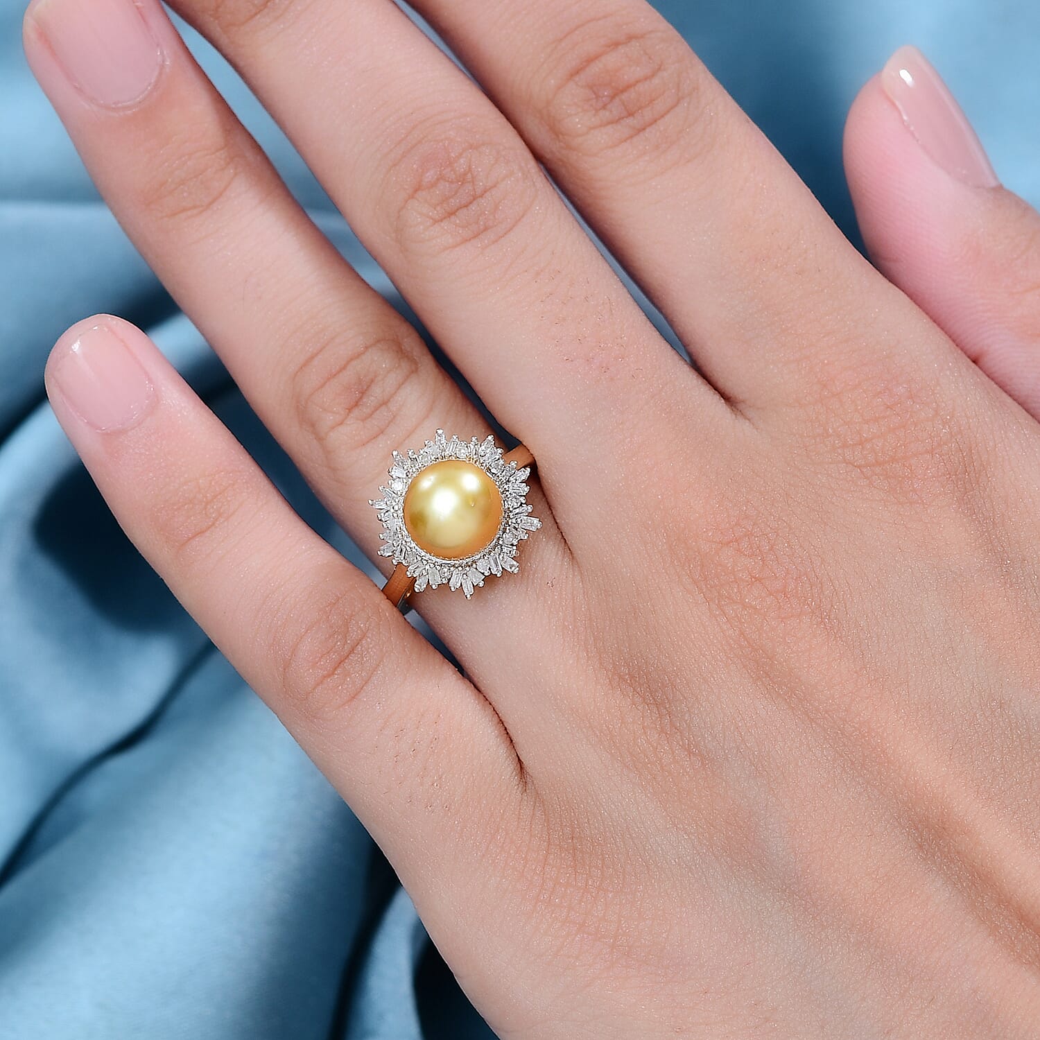 Golden South Sea Pearl, White Diamond Solitaire Ring in 18K Vermeil Yellow Gold Plated Ct 6.83.